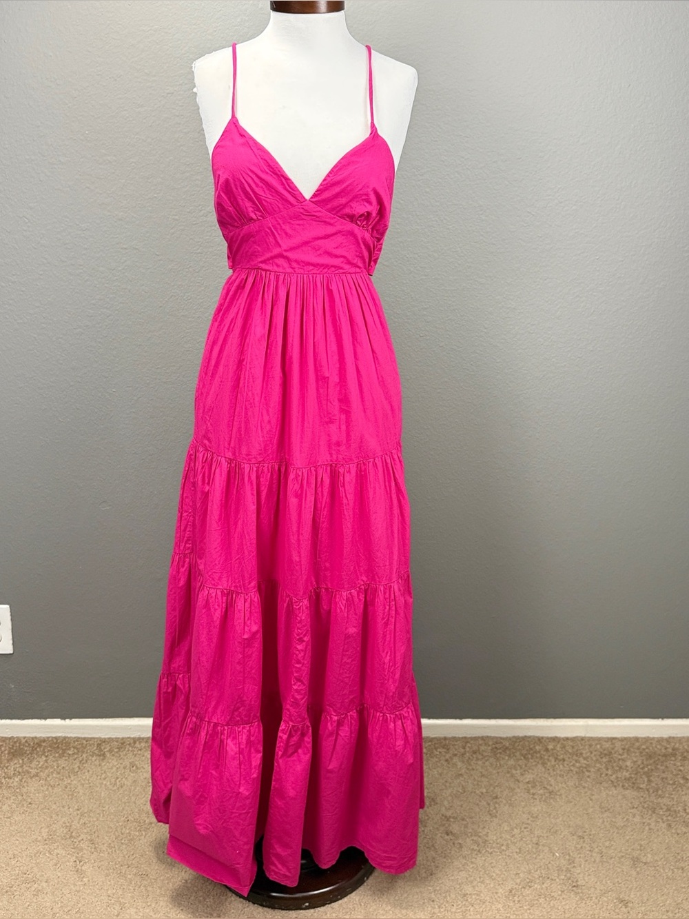 L*Space Laina NWT Tiered Cotton Maxi Dress Sz S Bougainvillea Hot Pink Tie Back